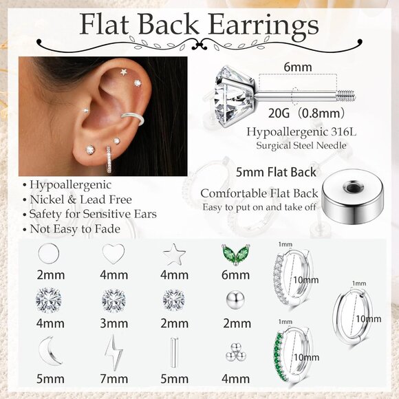 15 Pairs Hypoallergenic Gold & Steel Flat Back Earrings for Sensitive Ears - Picture 3 of 6